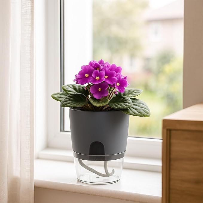 3 Pack Self Watering Pots for Indoor Plants, PlanterHoma 6 Inch Plant Pot Plastic Self Watering Planter for Orchid, African Violet, Small Clear Flower Pots with Drainage Holes and Wicking Rope, Grey