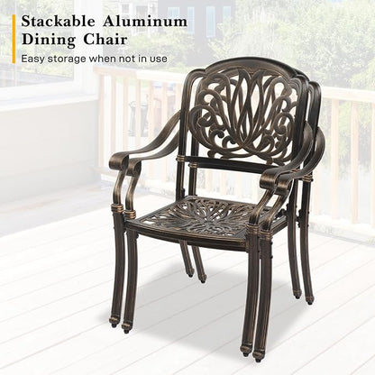 VINGLI 5-Piece Outdoor Patio Dining Set, Cast Aluminum All-Weather Outdoor Table and Chairs w/Cushion, Outdoor Furniture Set w/Umbrella Hole for Backyard Deck Poolside (Round, Elizabeth Back)