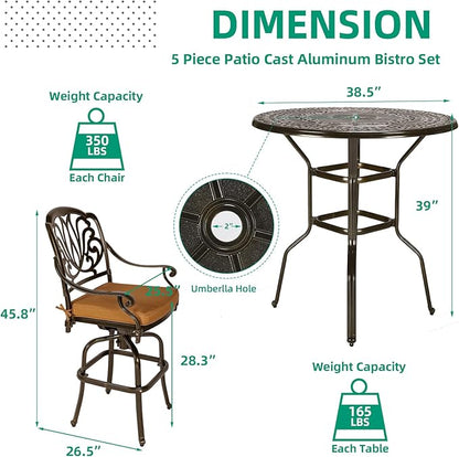VIVIJASON 5-Piece Patio Swivel Bar Stools Set, All Weather Cast Aluminum Outdoor Bar Height Bistro Set with 4 Cushioned Bar Chairs & 38.5" High Bar Table w/Umbrella Hole for Backyard, Lawn, Garden