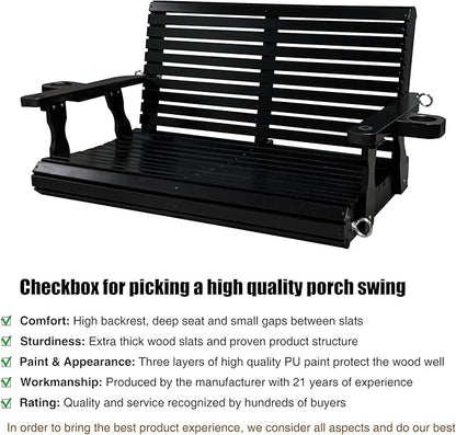 Wooden Porch Swing 2-Seater, High Backrest and Deep Seat, Bench Swing with Cupholders, Hanging Chains and 7mm Springs, Heavy Duty 880 LBS, for Outdoor Patio Garden (Carbon Black - 4 FT Extra Large)