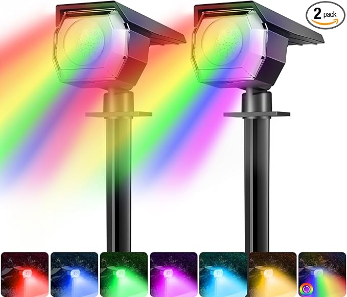 Peasur 2 Pack Solar Spot Lights Outdoor Color Changing, 7 Modes Halloween RGB Solar Powered Waterproof Spotlight, Landscape Lighting for Outside Yard Garden Pathway