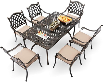 7-Piece Cast Aluminum Patio Furniture, Patio Dining Set for 6 Include 59" Rectangular Outdoor Dining Table and 6 Stackable Chairs with Cushions & Umbrella Hole (Bronze)