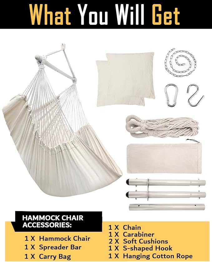 ADVOKAIR Hammock Chair Large 70.9"x47.2", 32% Bigger XXL Hanging Swing Chair with 500lbs Capacity, Heavy Duty Steel Spreader Bar, Extra Roomy Comfort for Adult Indoor Outdoor Bedroom Patio