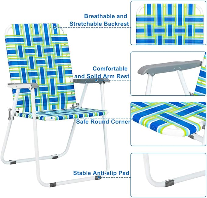 Folding Lawn Chairs, Set of 2, Blue Webbed Design with Metal Frame