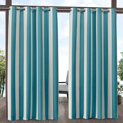 Exclusive Home Canopy Stripe Indoor/Outdoor Grommet Top Curtain Panel, 54"x84", Teal / White, Set of 2
