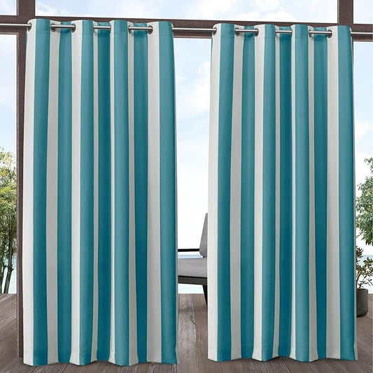 Exclusive Home Canopy Stripe Indoor/Outdoor Grommet Top Curtain Panel, 54"x96", Teal / White, Set of 2