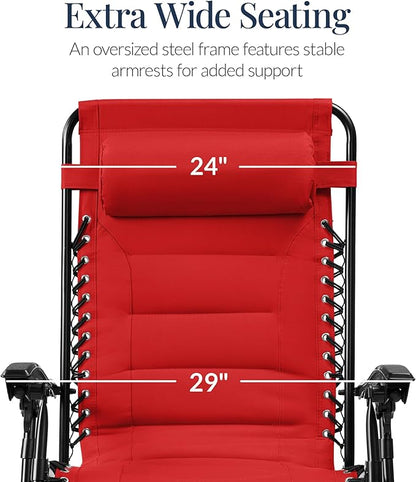 Best Choice Products Oversized Padded Zero Gravity Chair, Folding Outdoor Patio Recliner, XL Anti Gravity Lounger for Backyard w/Headrest, Cup Holder, Side Tray, Polyester Mesh - Crimson Red