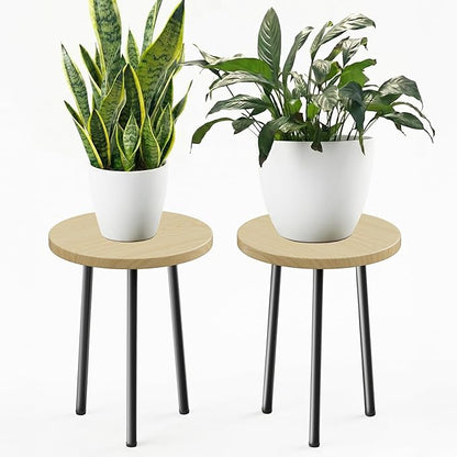 Plant Stand Indoor 14'': Indoor Plant Stand 2 Pack Metal Plant Table - Wood Plant Stool Outdoor Small Round Side End Table Mid Century Modern Decor - Home Decor