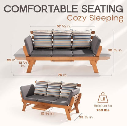IDZO Amelie Eucalyptus Convertible Outdoor Sofa, 750lbs Capacity Patio Couch with Folding Armrest & Coffee Tray, FSC Certified Wood Furniture Set with 3 Pillows, High Static Load - Gray