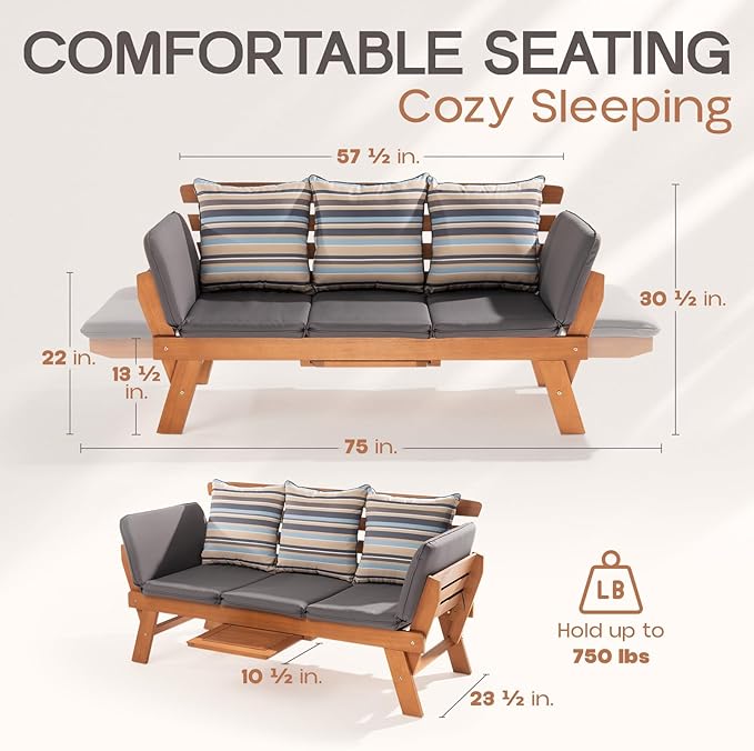 IDZO Amelie Outdoor Daybed Sofa: 750lbs Max Weight Support, Sleeper Chair with Armrest, Coffee Tray, 3 Pillows, FSC Wood, Gray, Ideal for Outdoor Couch