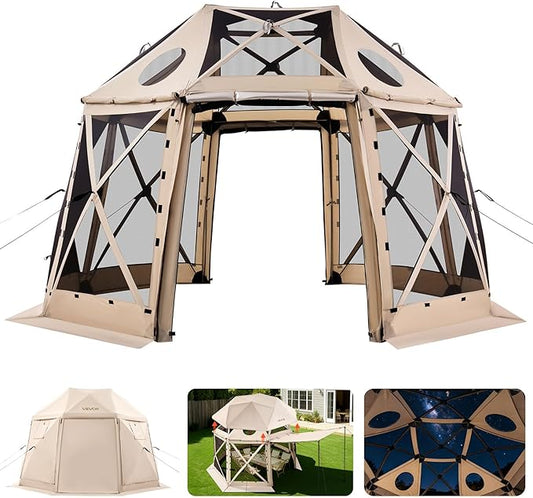 VEVOR Pop up Gazebo Screen Tent, 12 x 12 ft, 13-Sided Spherical Camping Canopy Tent with Removable Top & Carry Bag, Quick-Set & Bite-Proof, Screen House Sun Shelter for 8-10 Persons, Beige