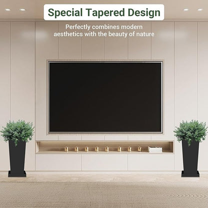 Tall Planters 20" H - 2 Pack, Tapered Pots with Drainage Insert Shelve & Trays, Metal Outdoor Planter Box for Porch, Garden, Patio, Yard (Black)