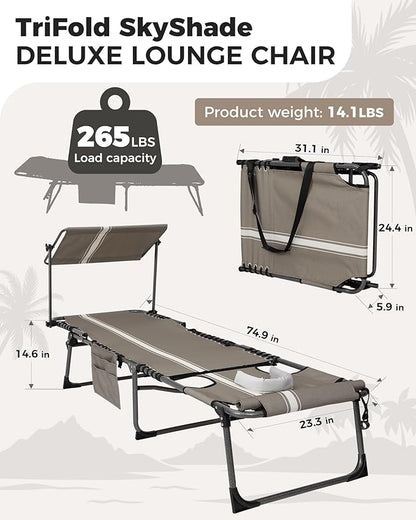 KingCamp Tanning Chair with Face Hole, Lounge Chairs Outdoor Folding Comfy Adjustable 5-Position Foldable Chaise Chaser with Canopy Shade for Outside Beach Patio Sun Bathing Pool, Beige/White