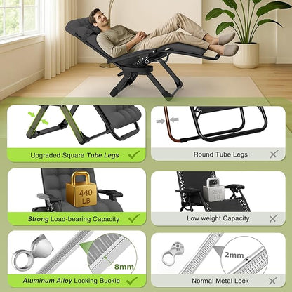 Suteck Zero Gravity Chair, Reclining Camping Lounge Chair w/Removable Cushion, Upgraded Lock and Cup Holder, Reclining Patio Chairs Folding Recliner for Indoor and Outdoor