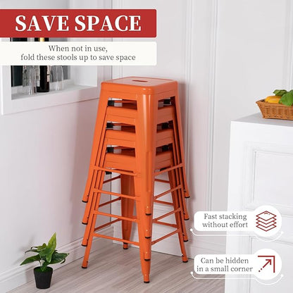 FDW Metal Bar Stools Set of 4 Counter Height Bar Stools 24 Inches Industrial Bar Chairs Patio Stool Stackable Backless Stool Indoor Outdoor Metal Kitchen Stools Bar Chairs (Orange, 24")