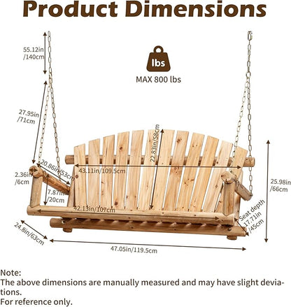 Outdoor Porch Swing Front Porch Hanging Wooden Bench Swing 2 Seat Chair for Garden, Patio, Backyard, Playground, Log Wood 800Lbs, 4 Ft, Brown