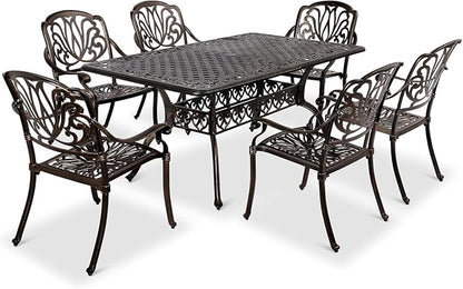 VINGLI 7-Piece Outdoor Dining Set, Cast Aluminum Patio Furniture Set for 6 with Umbrella Hole, Rectangular Outdoor Dining Table & 6 Stackable Chairs, All-Weather Garden/Poolside Dining Set Bronze