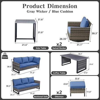 Belord Patio Sectional Furniture Set with Coffee Table: 8 Pieces Wicker Patio Conversation Set with L Shaped Sofa, Outdoor Swivel Glider Rocker, Rattan Ottomans, Removable