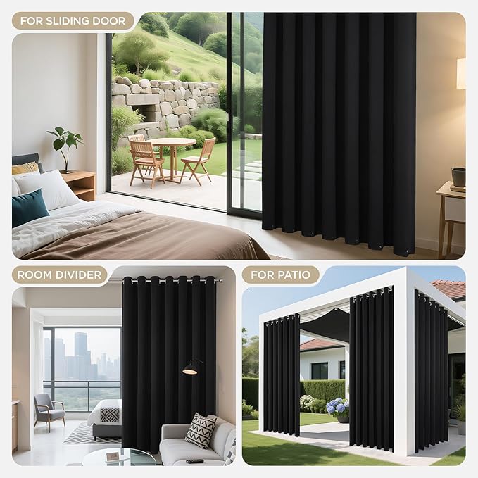 Joydeco Blackout Patio Sliding Door Curtains 108 Inches Long, Grommet Privacy Room Divider Curtains, Extra Wide Thermal Blackout Drapes for Bedroom Living Room (Black, 60Wx108L, 1 Panel)