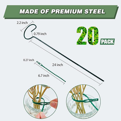 Joyhalo 20 Pack Plant Support Stakes 24 Inch, Plant Stakes, Flower Stakes with 24 Twist Ties, Garden Sticks for Plants Iris, Dahlia, Gladiolus, Amaryllis, Rose, Sunflower, Tomato, Sapling Etc