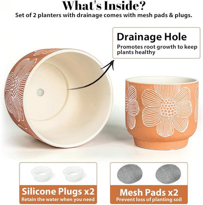YBX 8 Inch + 6 Inch White Flower Pattern Plant Pots, Sand Glazed Ceramic Planter with Drainage Hole, Flower Pots for Indoor Plants, Orange