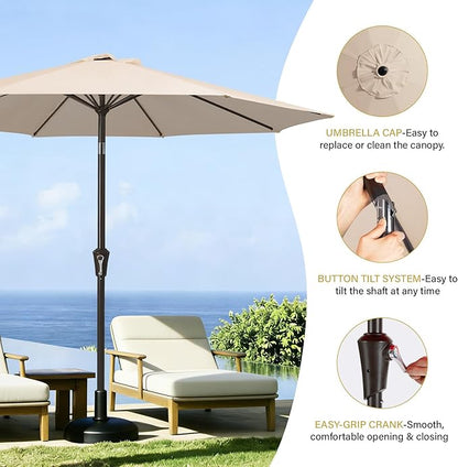 MEWAY 9ft Patio Umbrella Outdoor Table Umbrellas with Push Button Tilt and Crank, Market Umbrella 8 Sturdy Ribs for Deck, Garden, Pool and Backyard, Beige
