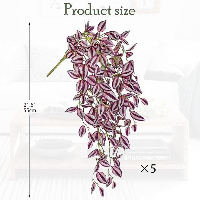 Artificial Wandering Jew Hanging Plants, 5 Pack, 22-Inch PVC Faux Greenery