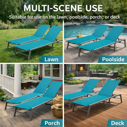 Kozyard 2-Pack Outdoor Lounge Chairs, Foldable Aluminum Frame Patio Chaise Lounge with 5-Position Adjustable Backrest, No Assembly, Breathable Textilene Fabric for Poolside Beach (Aqua, No Table)