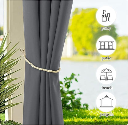 NICETOWN Canvas Patio Curtains Outdoor Waterproof Set of 2, Windproof Thermal Insulated Stainless Steel Top and Bottom Grommet Outdoor Drapes Keep Rain Out for Gazebo/Playground, W55 x L95 Inch