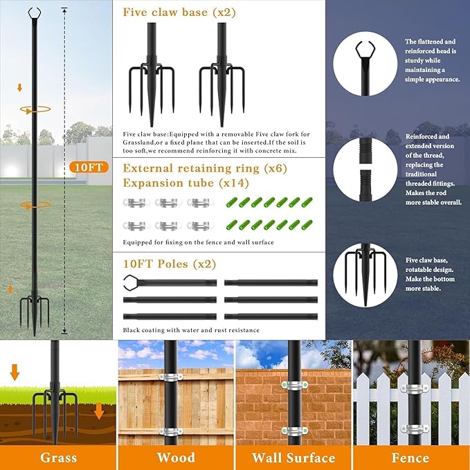 10 Pack String Light Poles,10 Ft Light Poles for Outside String Lights,Outdoor Lights Pole with Fork,Metal Poles Stand for Patio Deck Backyard (10FT 4 Pack)