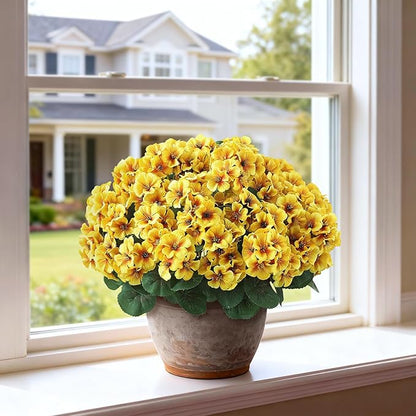 2 Pack Artificial Geranium Flowers Topitary Trees for Outdoors, UV Resistant Geraniums Potted Bushes Look Real Silk Faux Plants for Front Door Garden Porch Planter Farmhouse Home Decor (Yellow)