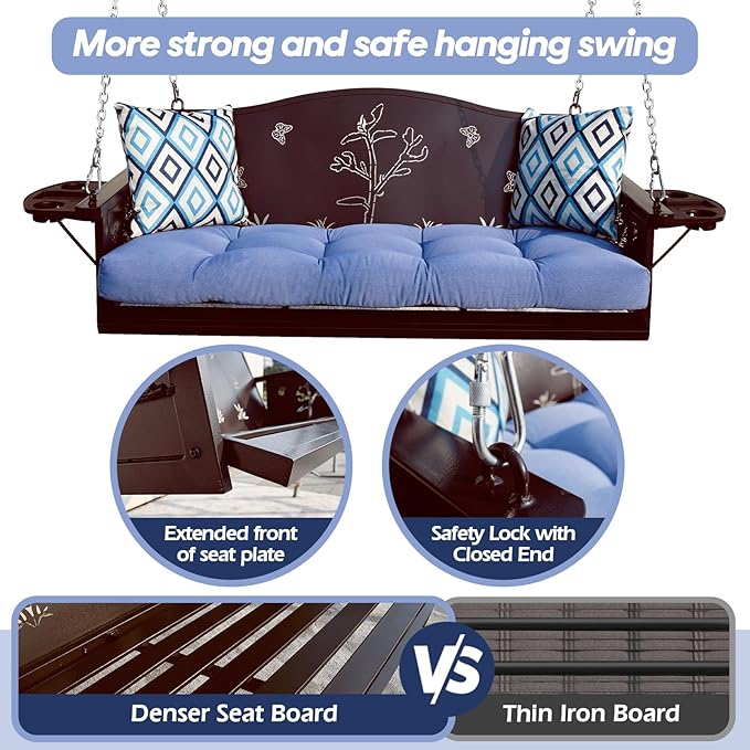 3-Seat Metal Porch Swing 900 LBS Heavy Duty Hanging Bench with Upgraded Tray & Cushions Rust-Resistant Finish Swing Chair with 8.9FT Chains for Patio Lawn Garden