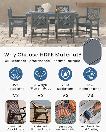 7-Piece Outdoor Dining Set, HDPE All-Weather Patio Table and Chairs Set for 6, Outdoor Patio Furniture Sets with Umbrella Hole for Outside, Deck, Backyard, Garden (Grey)