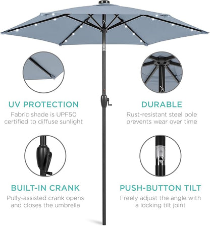 Best Choice Products 7.5ft Outdoor Solar Market Table Patio Umbrella for Deck, Pool w/Tilt, Crank, LED Lights - Breeze Blue