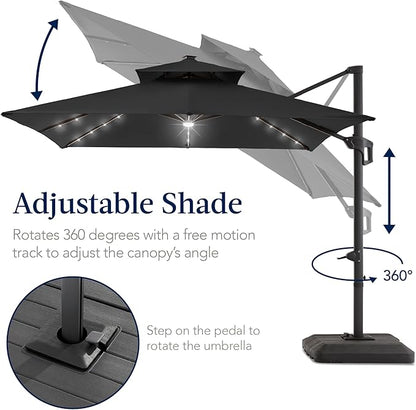 Best Choice Products 12x12ft LED Cantilever Patio Umbrella w/Base Included & 360° Rotation, Large Solar Offset Hanging Outdoor Sun Shade for Deck, Backyard Table w/Stand & Lights – Gray