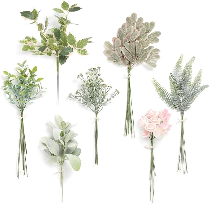 Artificial Greenery Spray Set, 48 Pieces, 7 Varieties, Faux Silk