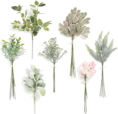 Artificial Greenery Spray Set, 48 Pieces, 7 Varieties, Faux Silk