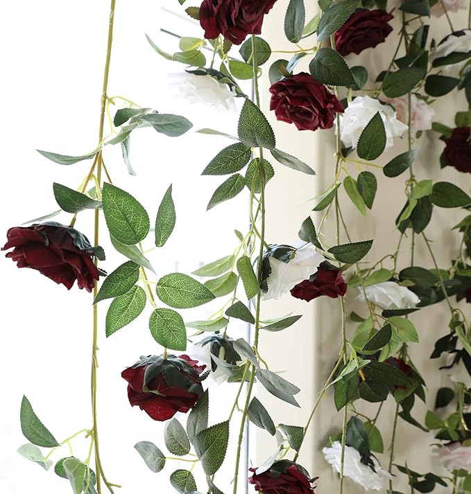 Artificial Silk Rose Garland Vines, 2 Pack 73 Inch, Burgundy