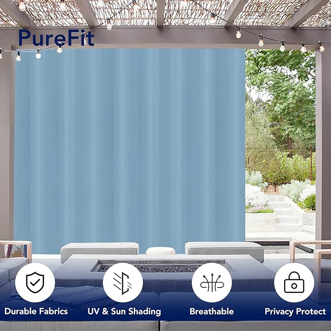 PureFit Outdoor Curtains for Patio Waterproof Weatherproof, UV Resistant Outside Curtains for Gazebo, Front Porch, Pergola, Sun Blocking Privacy Curtain, 100W x 95L inch, 1 Panel, Sky Blue