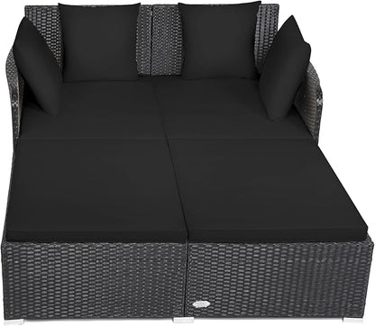 Tangkula Outdoor Rattan Daybed, Wicker Furniture with Spacious Seat, Upholstered Cushion & High-Resilience Sponge, Patio Sofa Set with 4 Pillows, 2-Person Sunbed for Poolside Backyard Garden & Balcony