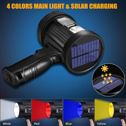 Rechargeable Spotlight, 99000 Lumens Bright LED Spotlight Flashlight, Long Running Spot Light Searchlight, Outdoor Handheld Spotlights with Solar Panels for Hunting,Camping,Boat,6 Spotlight Modes
