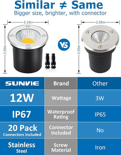 SUNVIE Low Voltage Landscape Well Lights with Wire Connectors, 12W LED, IP67 Waterproof Outdoor In-Ground Garden Lights 12V-24V Warm White for Pathway Driveway Deck (10 Pack & Connectors)