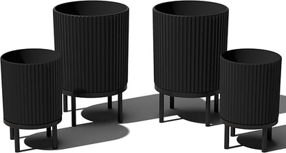 Veradek Demi Series Round Planter w/Stand for Porch/Patio | Durable Plastic-Stone Composite & Wooden Stand | Modern Décor for Tall Plants, Flowers