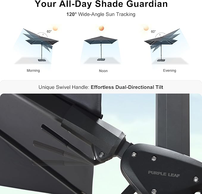 PURPLE LEAF 10 Feet Patio Umbrella Outdoor Cantilever Solar Powered LED Swivel Square Umbrella Aluminum Offset Umbrella with 360-degree Rotation for Garden Deck Pool Patio, Grey