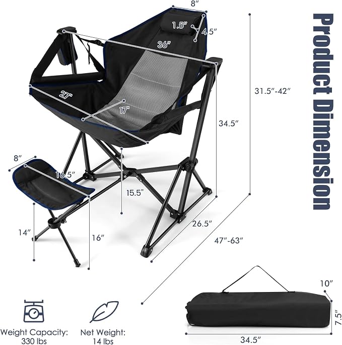 Black Camping Chair with Adjustable Back, Footrest and Cup Holder