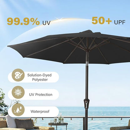 MEWAY 9ft Patio Umbrella Outdoor Table Umbrellas with Push Button Tilt and Crank, Market Umbrella 8 Sturdy Ribs for Deck, Garden, Pool and Backyard, Black