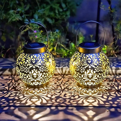 2 Pack Outdoor Solar Hanging Lantern Lights Metal LED Decorative Lamp for Garden Patio Courtyard Lawn and Table with Hollowed-Out Design (Antique Bronze)
