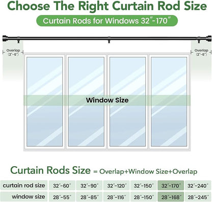 Time Forest Curtain Rods for Windows 32 to 170, 1 Inch Adjustable Black Heavy Duty Long Window Outdoor Curtain Rod for Patio, Modern Drapery Rods with Simple End Caps, Size 32"-170"