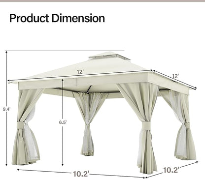 LAUSAINT HOME Semi-Permanent Outdoor Patio Gazebo 12'x12', Heavy Duty Party Tent Shelter with Double Roofs, Mosquito Nettings and Privacy Screens for Backyard, Garden, Lawn, Cream White
