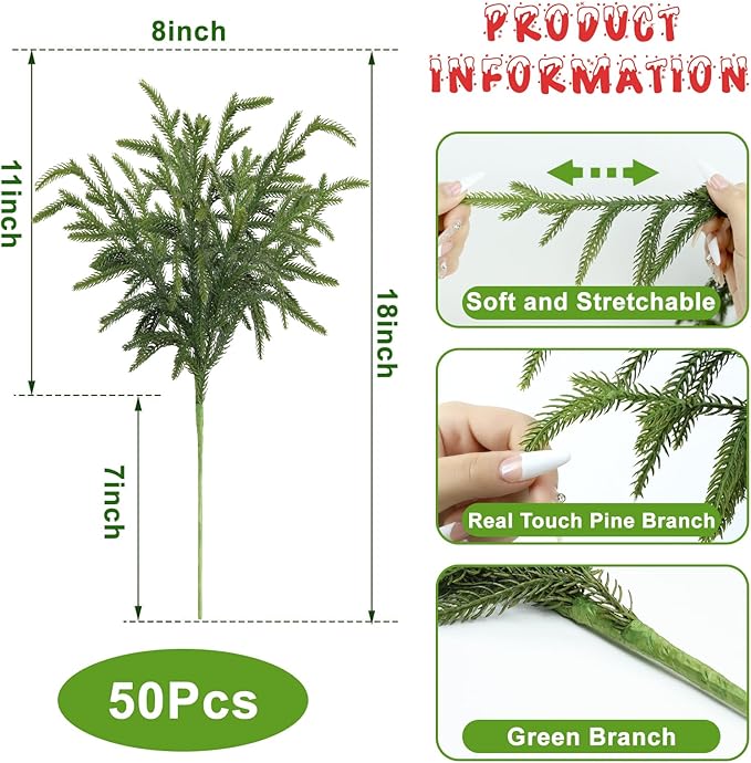 Artificial Pine Greenery Stems, 50 Pack, 18 Inch Green Polyethylene